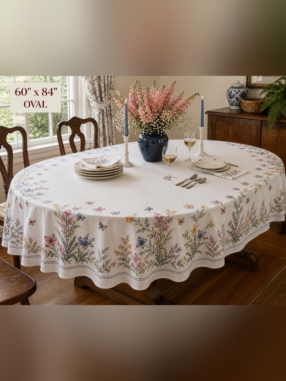 Vtg 1980s JCPenney Garden Club Floral Tablecloth 60x84 Oval NOS Cottagecore
